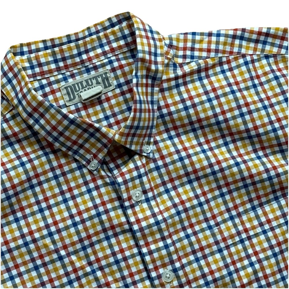 Duluth Trading Plaid Dress Shirt Mens Size 2XL Tall Button 2XLT Blue Red Pocket